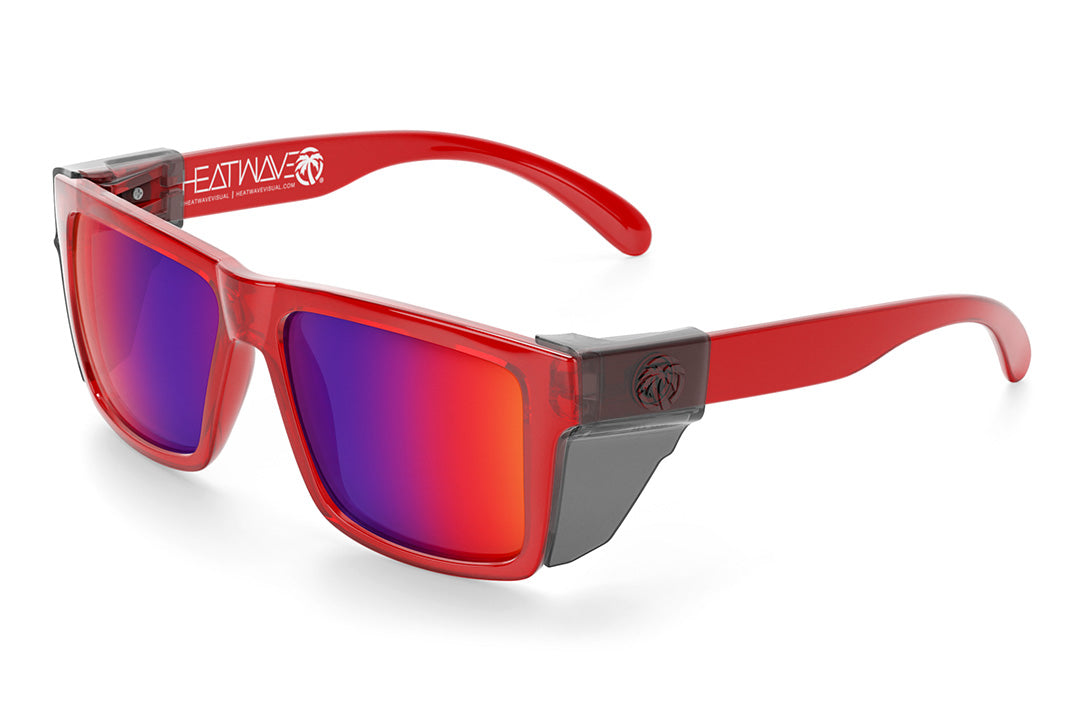 Heat Wave Visual Z87 Vise Sunglasses with neon red frame, atmosphere blue red lenses and smoke side shields.