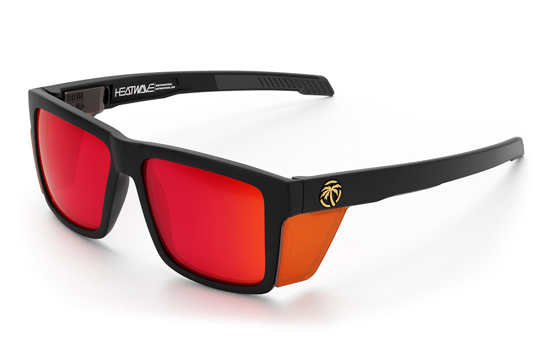 Heat Wave Visual Performance Vise Sunglasses with black frame, firestorm red lenses and matching colored side shields.