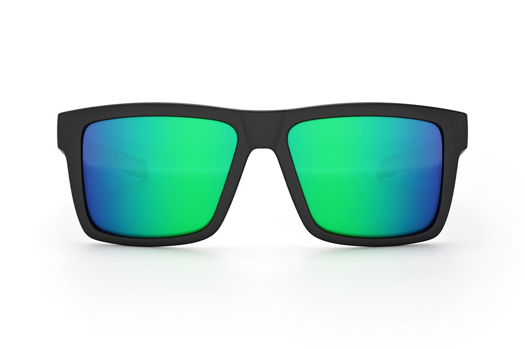 Front view of the Heat Wave Visual Performance Vise Sunglasses with black frame and piff green blue lenses.