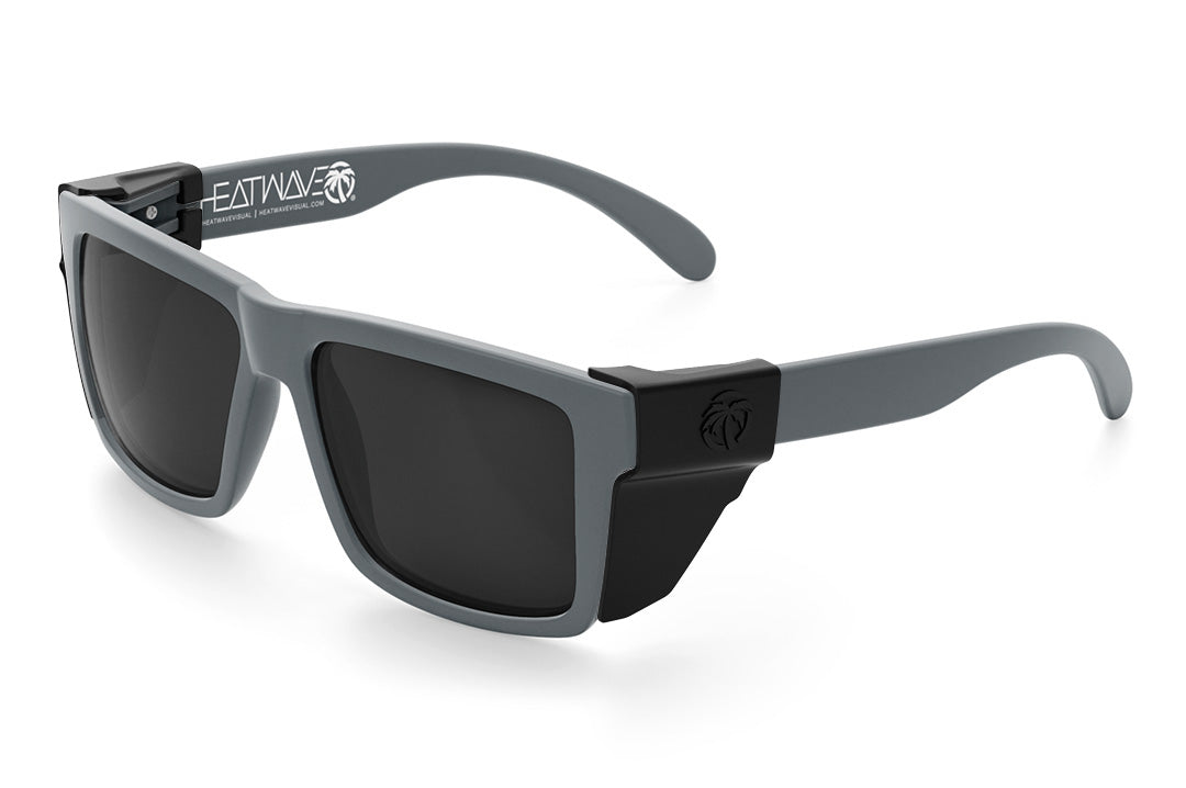 Heat Wave Visual Vise Sunglasses with satin grey frames, black lenses and black side shields.