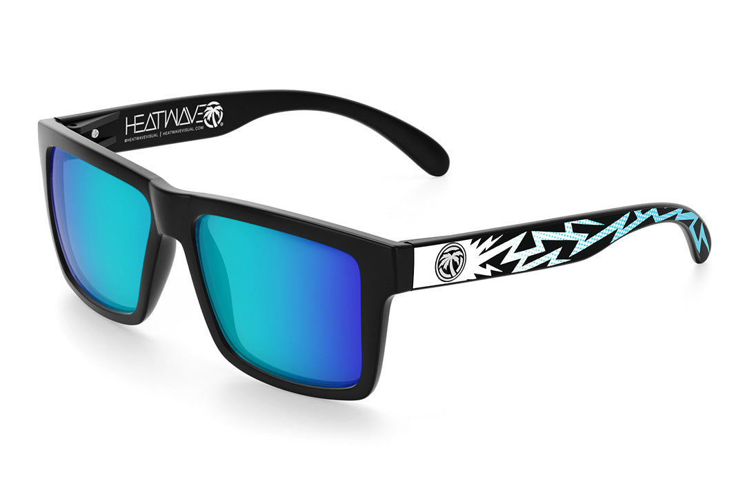 Heat Wave Visual Vise Sunglasses with black frame, tallboy bolt print arms and galaxy blue lenses.