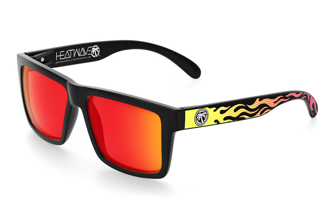 Heat Wave Visual Vise Sunglasses with black frame, tallboy flame print arms and sunblast orange yellow lenses.