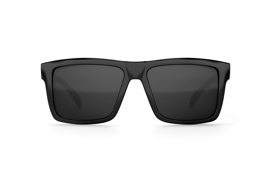 Front view of Heat Wave Visual USA made Vise Sunglasses with gloss black frame and black lenses.