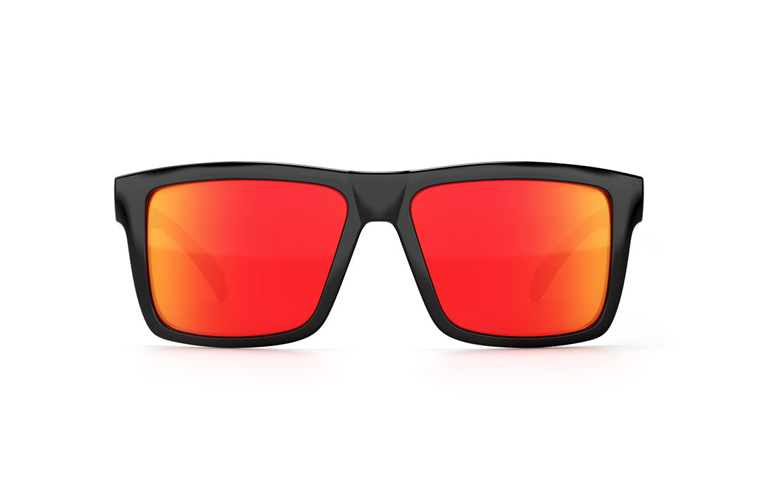 Front view of Heat Wave Visual USA made Vise Sunglasses with gloss black frame and sunblast lenses.