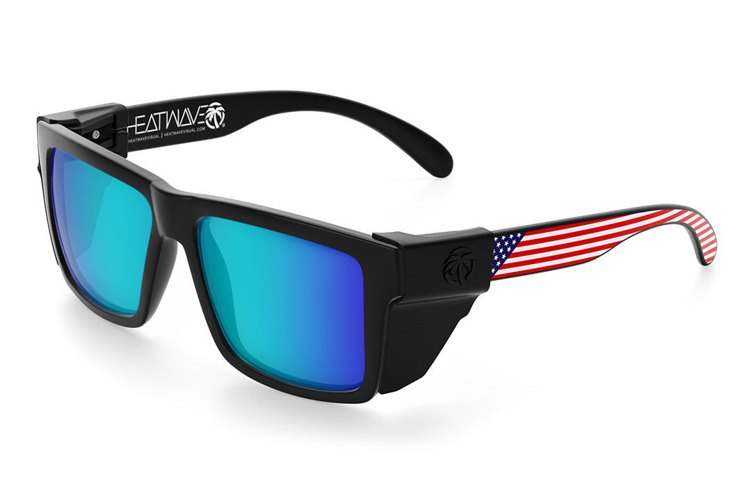 Heat Wave Visual Vise Sunglasses with black frame, USA print arm, galaxy blue lenses and black side shields.