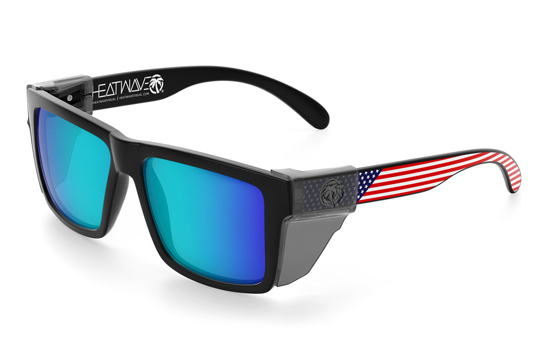 Heat Wave Visual Vise Sunglasses with black frame, USA print arm, galaxy blue lenses and smoke side shields.