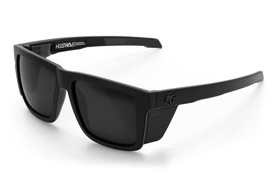Heat Wave Visual Performance XL Vise Sunglasses with black frame, black lenses and black side shields.