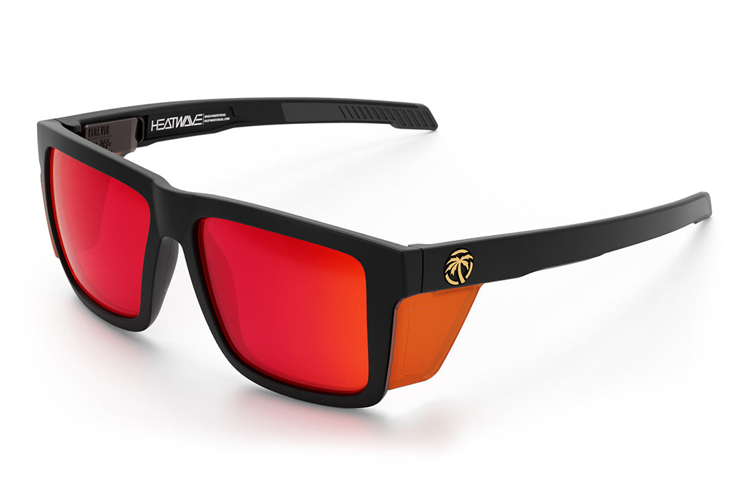 Heat Wave Visual Performance XL Vise Sunglasses with black frame, firestorm red lenses and matching colored side shields.