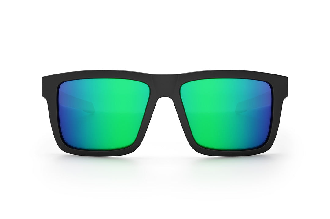 Front view of the Heat Wave Visual Performance XL Vise Sunglasses with black frame and piff green blue lenses.