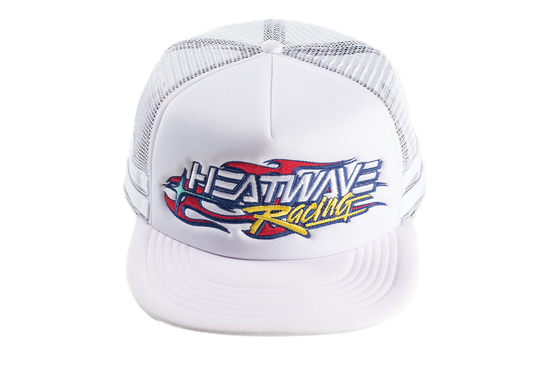 Top view of the White Heat Wave Y2K Racing Hat on a white background.
