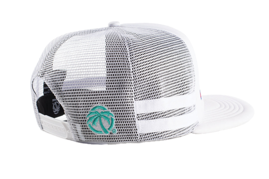Side view of the White Heat Wave Y2K Racing Hat on a white background.