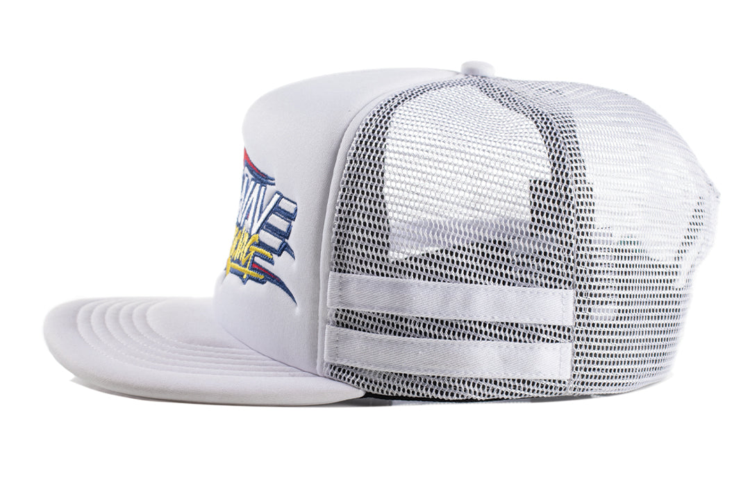 Side view of the White Heat Wave Y2K Racing Hat on a white background.