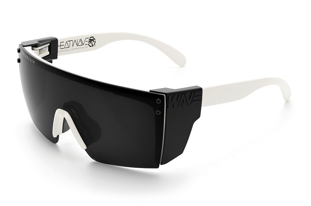 Heat Wave Visual Lazer Face Z87 Sunglasses with white frame, polarized black lens and black side shields.