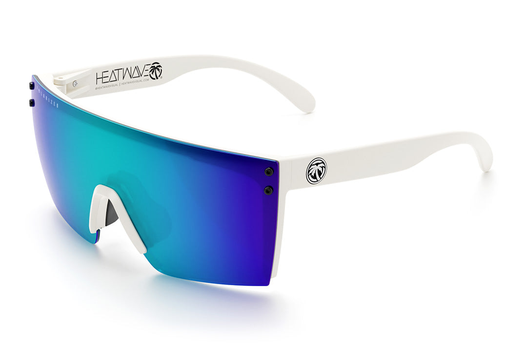 Heat Wave Visual Lazer Face Z87 Sunglasses with white frame and polarized galaxy blue lens.