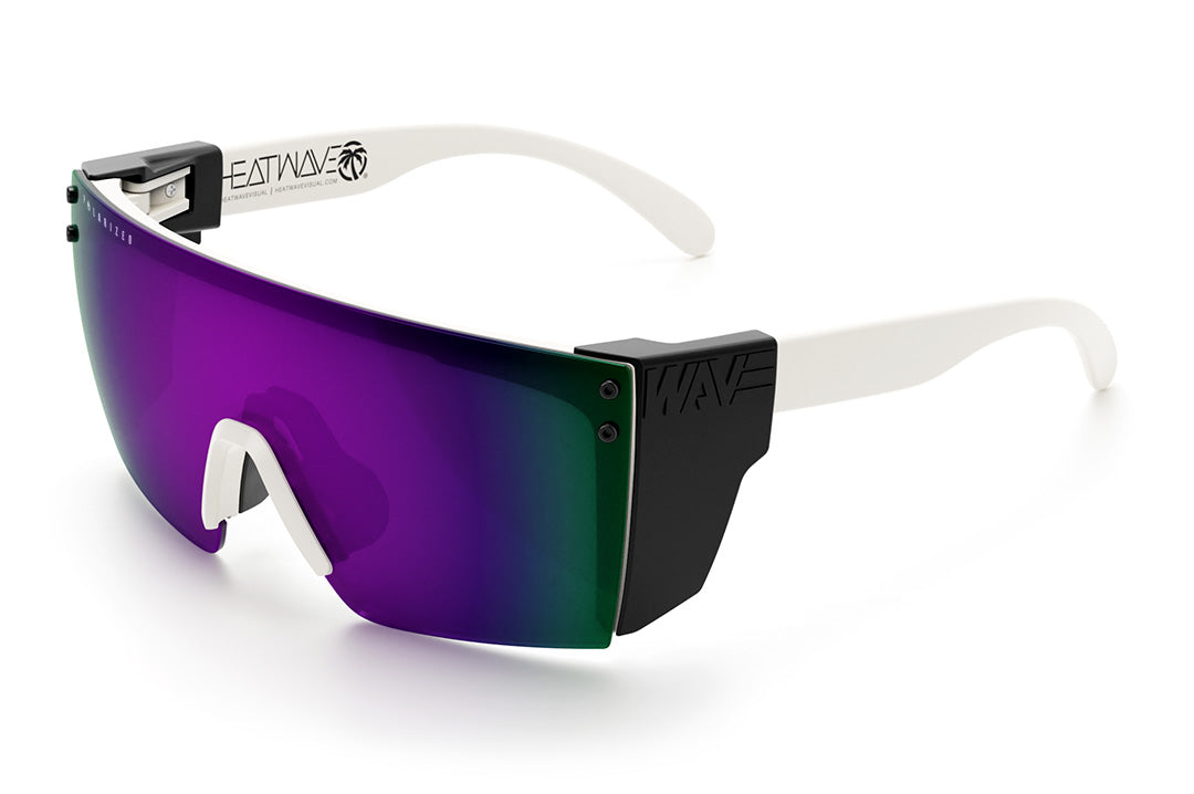 Heat Wave Visual Lazer Face Z87 Sunglasses with white frame, polarized ultra violet lens and black side shields.