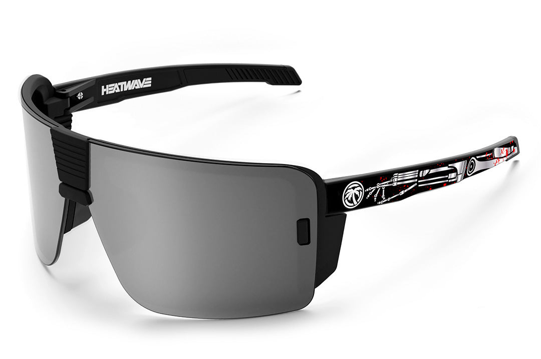 Heat Wave Visual XL Vector Sunglasses with black frame, tech noir print arms and silver lens.