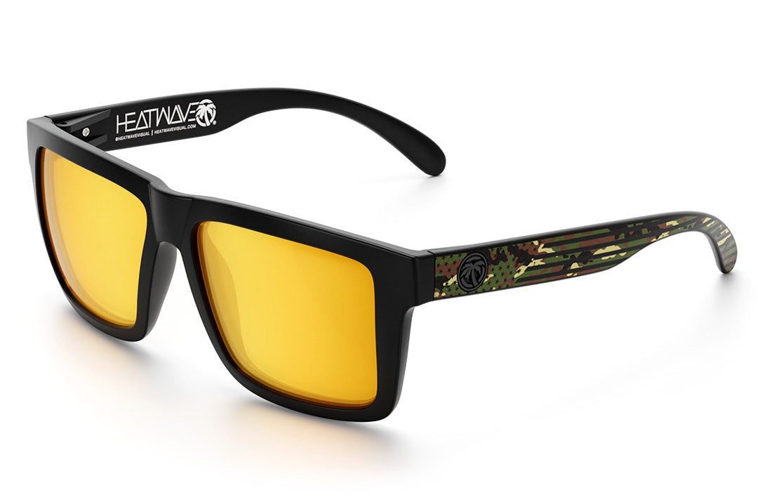 Heat Wave Visual XL Vise Sunglasses with black frame, camocom arms and gold lenses. 