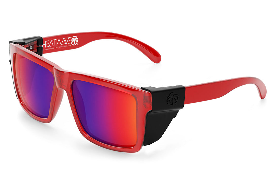 Heat Wave Visual XL Vise Sunglasses with neon red frame, atmosphere blue red lenses and black side shields.