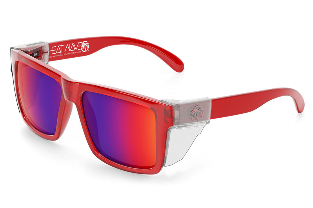 Heat Wave Visual XL Vise Sunglasses with neon red frame, atmosphere blue red lenses and clear side shields.