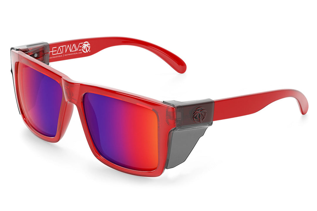 Heat Wave Visual XL Vise Sunglasses with neon red frame, atmosphere blue red lenses and smoke side shields.