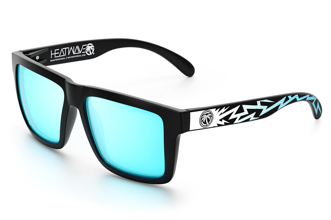 Heat Wave Visual XL Vise Sunglasses with black frame, tallboy bolt print arms and arctic chrome lenses.