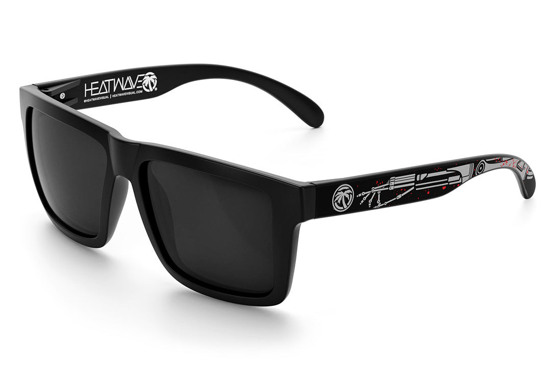 Heat Wave Visual XL Vise Sunglasses with black frame, tech noir print arms and black lenses. 