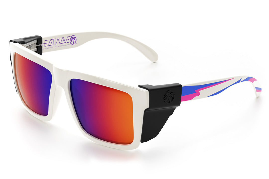 Heat Wave Visual XL Vise Sunglasses with gloss white frame, wild print arms, atmosphere lenses and black side shields.