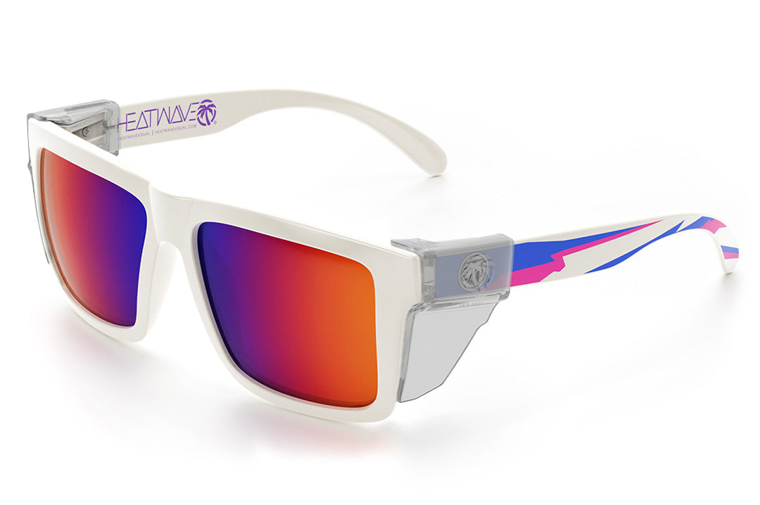 Heat Wave Visual XL Vise Sunglasses with gloss white frame, wild print arms, atmosphere lenses and clear side shields.