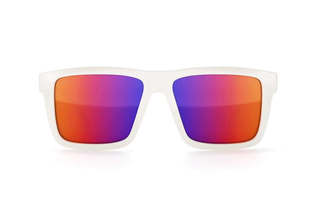 Front view of the Heat Wave Visual XL Vise Sunglasses with gloss white frame, wild print arms and atmosphere lenses.