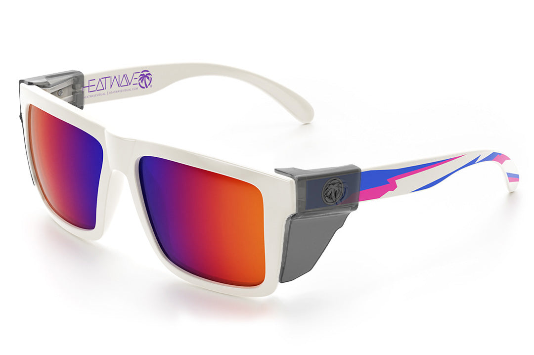 Heat Wave Visual XL Vise Sunglasses with gloss white frame, wild print arms, atmosphere lenses and smoke side shields. 