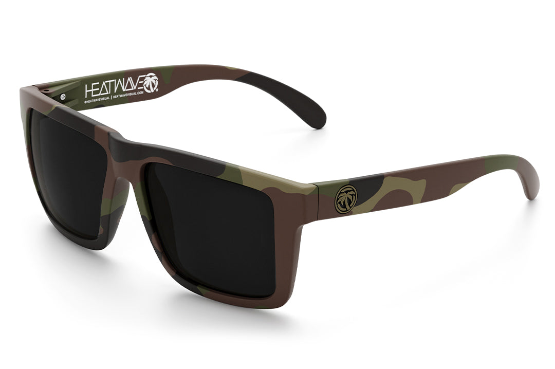 Heat Wave Visual XL Vise Z87 Sunglasses with fleck camo frame , ultra black lenses and green emblem, 