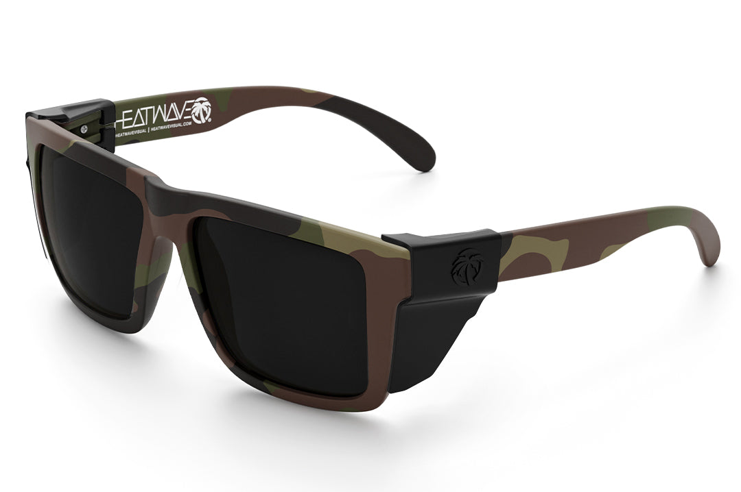 Heat Wave Visual XL Vise Z87 Sunglasses with fleck camo frame , ultra black lenses and green emblem, black side shield