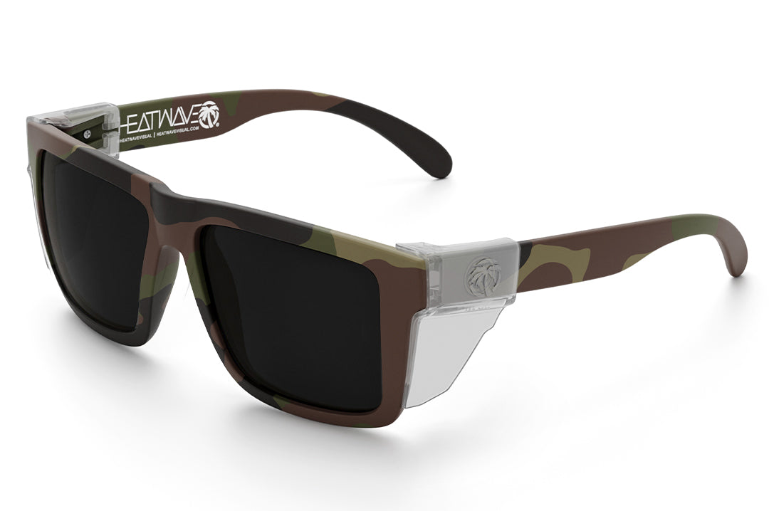 Heat Wave Visual XL Vise Z87 Sunglasses with fleck camo frame , ultra black lenses and green emblem, clear side shield