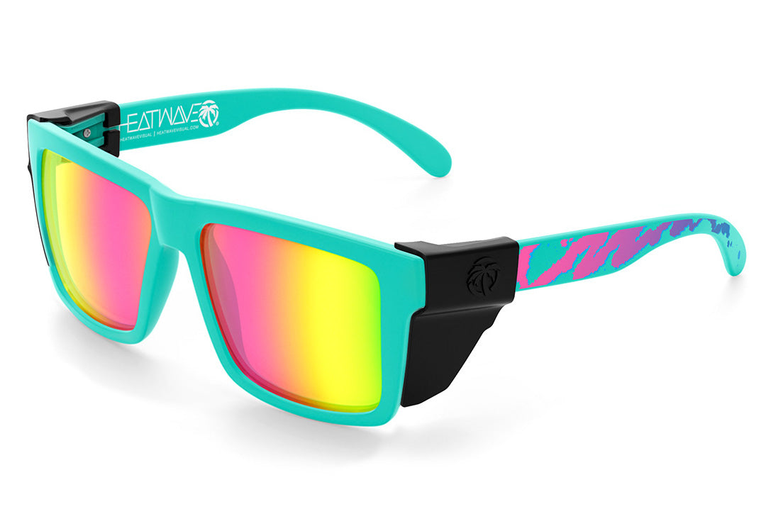 Heat Wave Visual XL Vise Sunglasses with teal frame, hypersplash print arms, spectrum pink yellow lenses and black side shields.