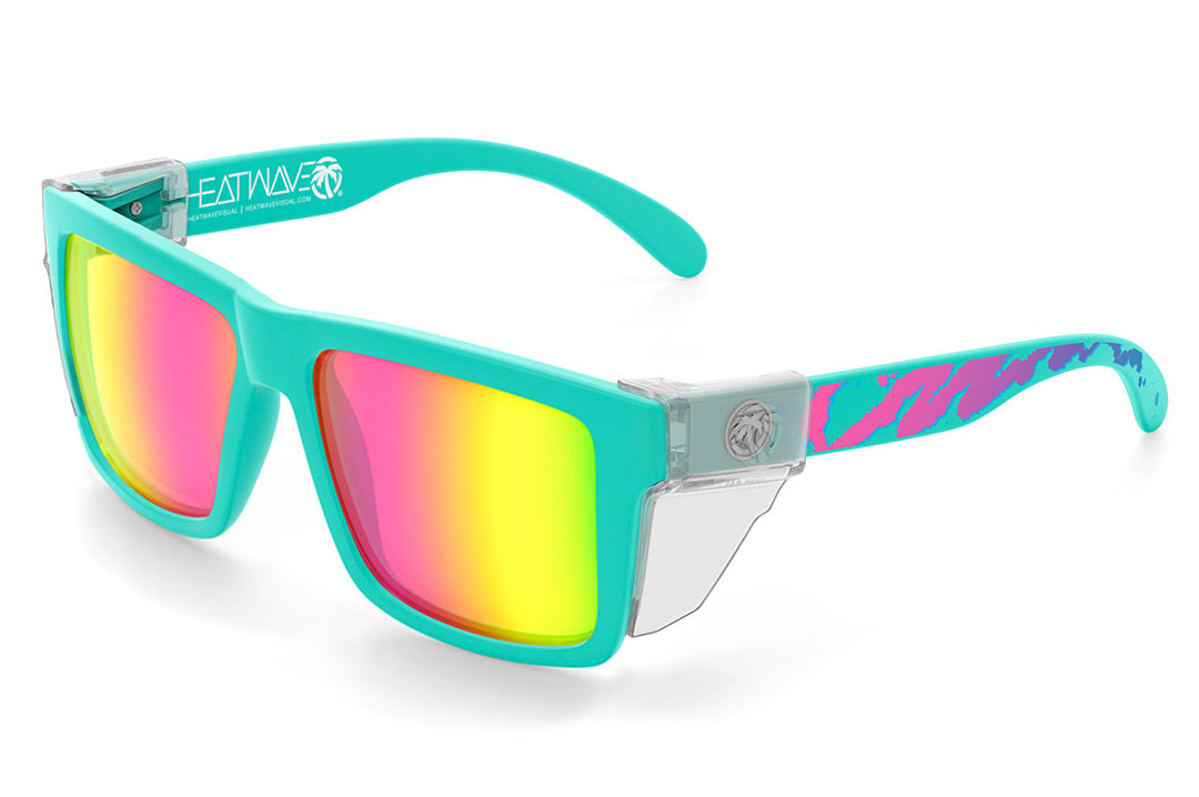 Heat Wave Visual XL Vise Sunglasses with teal frame, hypersplash print arms, spectrum pink yellow lenses and clear side shields.