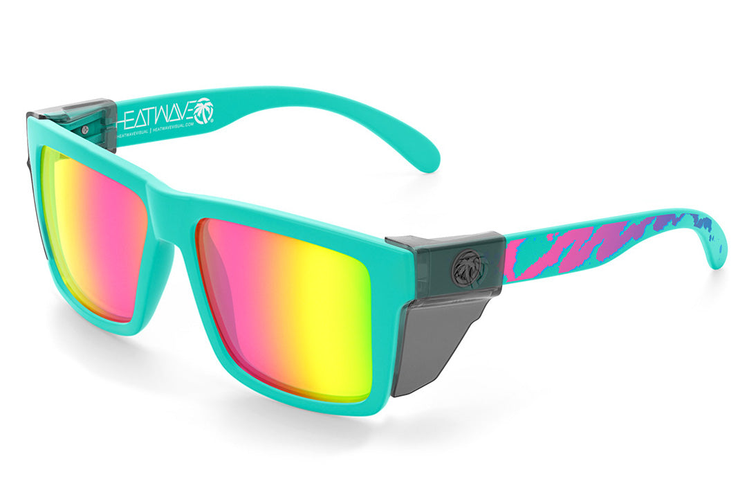 Heat Wave Visual XL Vise Sunglasses with teal frame, hypersplash print arms, spectrum pink yellow lenses and smoke side shields.