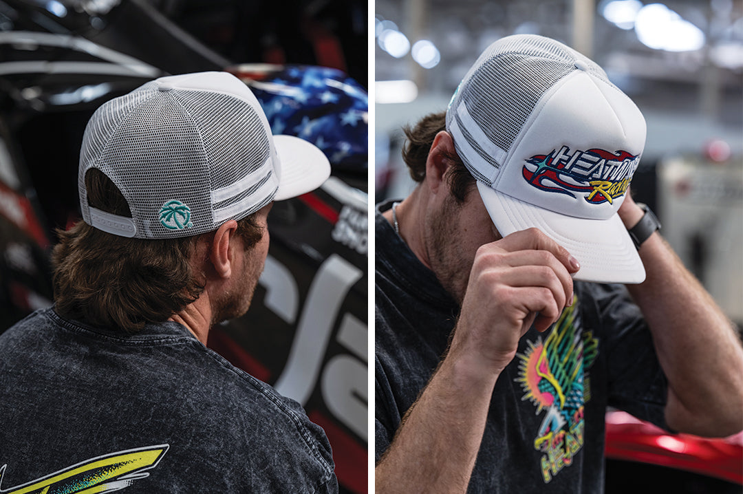 Man wearing the White Heat Wave Y2K Racing Hat