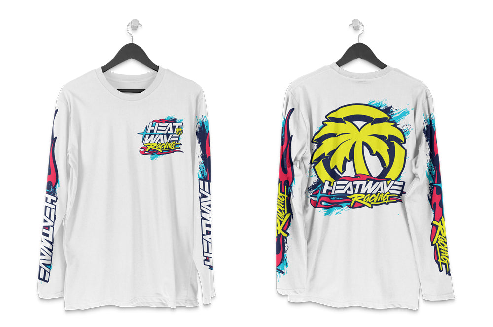The Heat Wave Y2K Racing White Long Sleeve T-Shirt on a white background