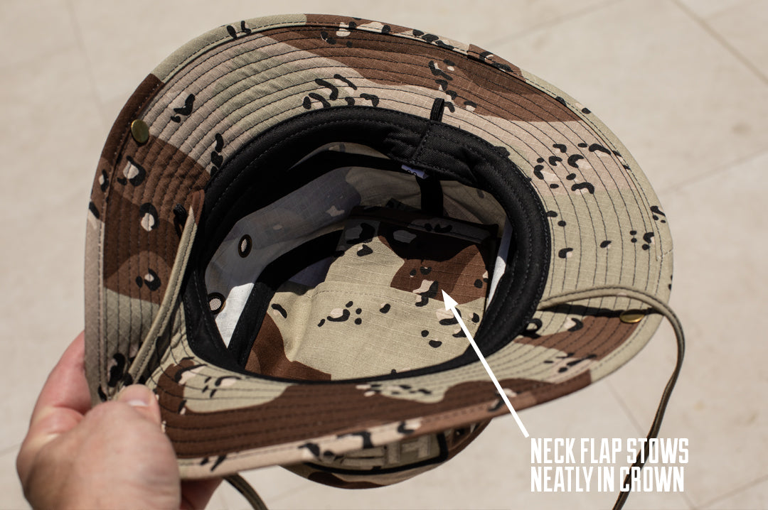 Inside of Heat Wave desert camo boonie hat showing how the removable neck flap stores away