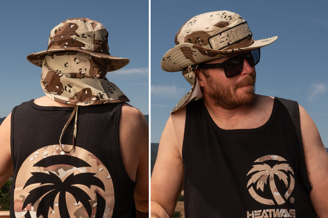 Close ups of front and back of man wearing the Heat Wave desert storm boonie hat with neck flap.