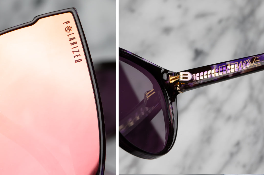 Close up of the Heat Wave Visual Women's Carat Sunglasses with velvet tortoise frame and rose gold lenses.