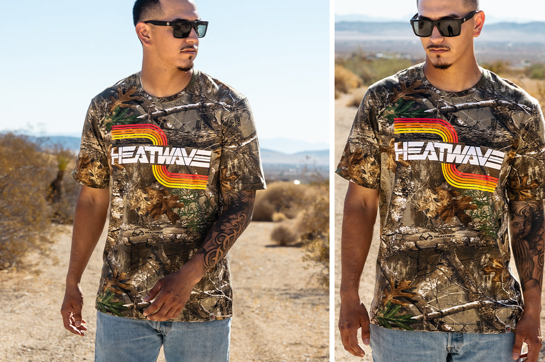 Young dude out in the desert rocking the Heat Wave Visual Chopper Hunter t-shirt.