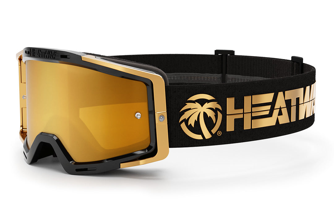 Heat Wave Visual MXG 250 Motorsport Goggles in the Colby Raha black/gold color with gold rush lens.