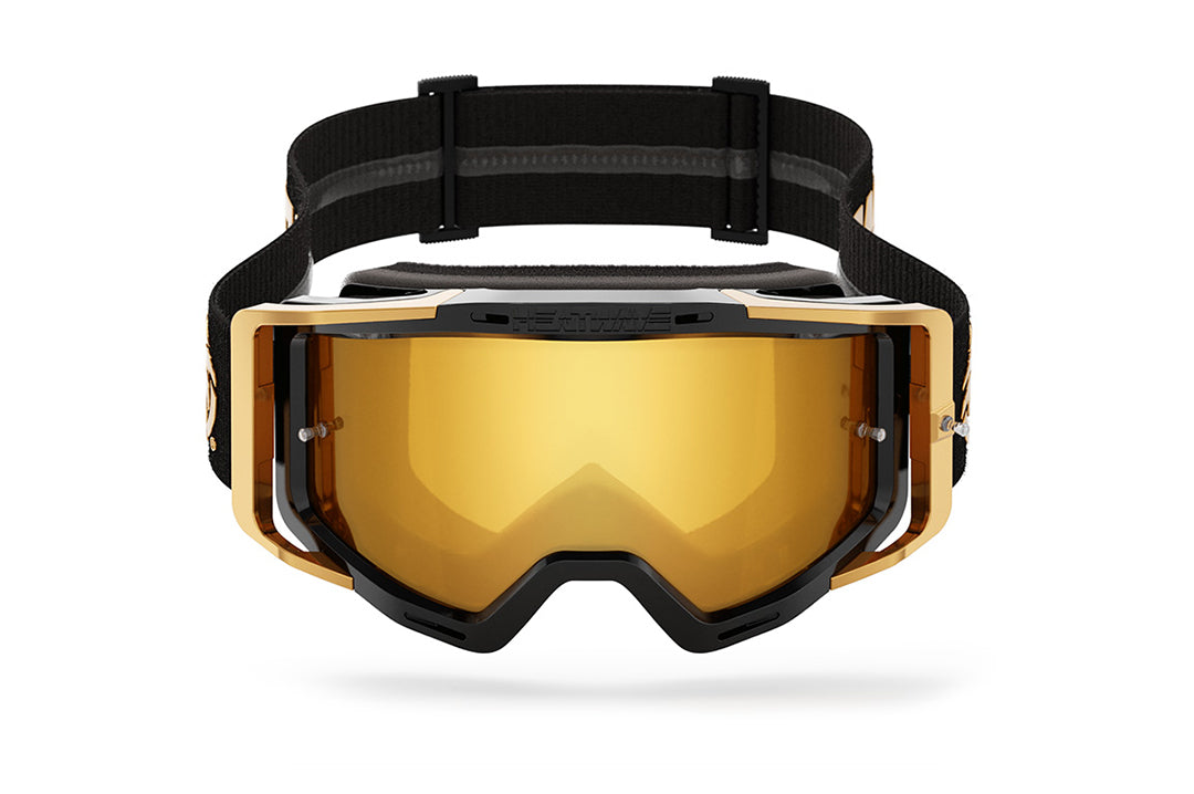 Front view of the Heat Wave Visual MXG 250 Motorsport Goggles in the Colby Raha black/gold color with gold rush lens.