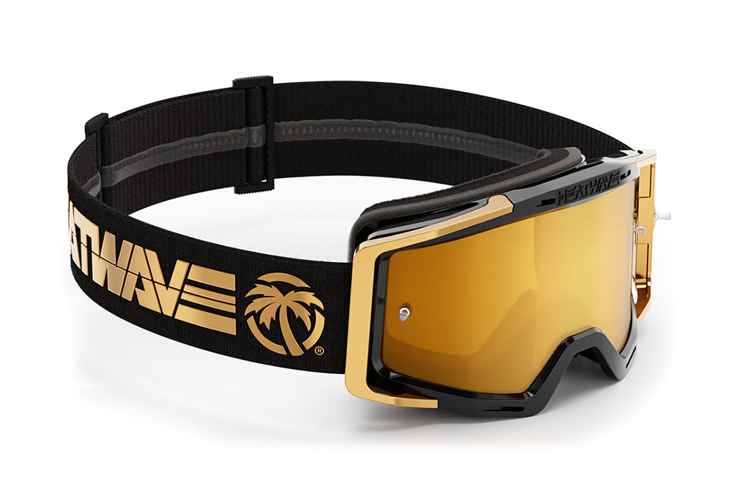 Side view of the Heat Wave Visual MXG 250 Motorsport Goggles in the Colby Raha black/gold color with gold rush lens.