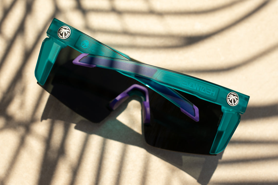 Back side of Heat Wave Future Tech sunglasses with purple lenses and aqua frame