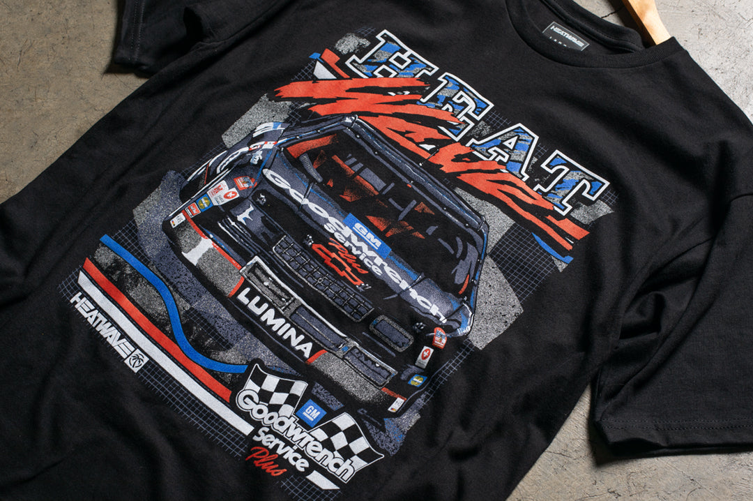 Close up of the Heat Wave Visual GM Goodwrench t-shirt in black.