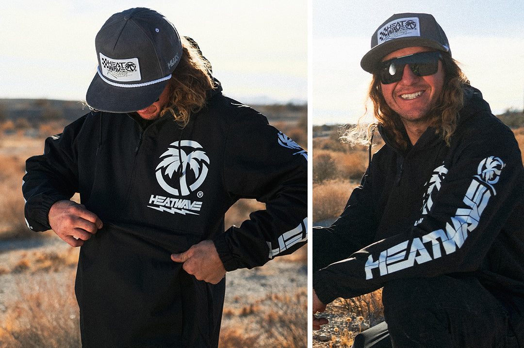 Blake Wilkey rocking the Heat Wave Visual Checker Racing Silver Hat with a white cord.