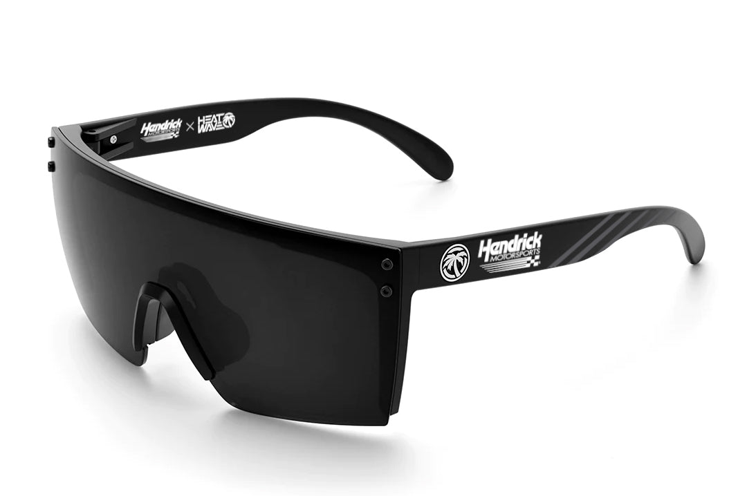 Hendrick Motorsports x Heat Wave Visual Lazer Face Sunglasses with black frame, Hendrick Motorsports print arms and black lens. 