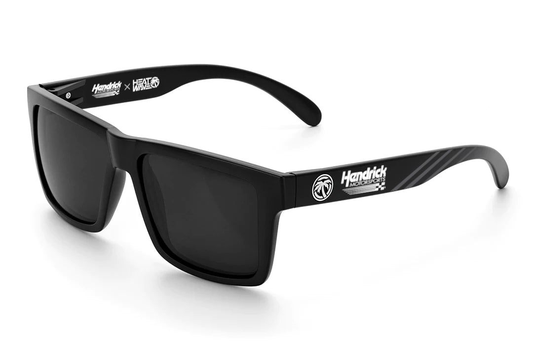 Hendrick Motorsports x Heat Wave Visual Vise Sunglasses with black frame, Hendrick Motorsports print arms and black lenses. 